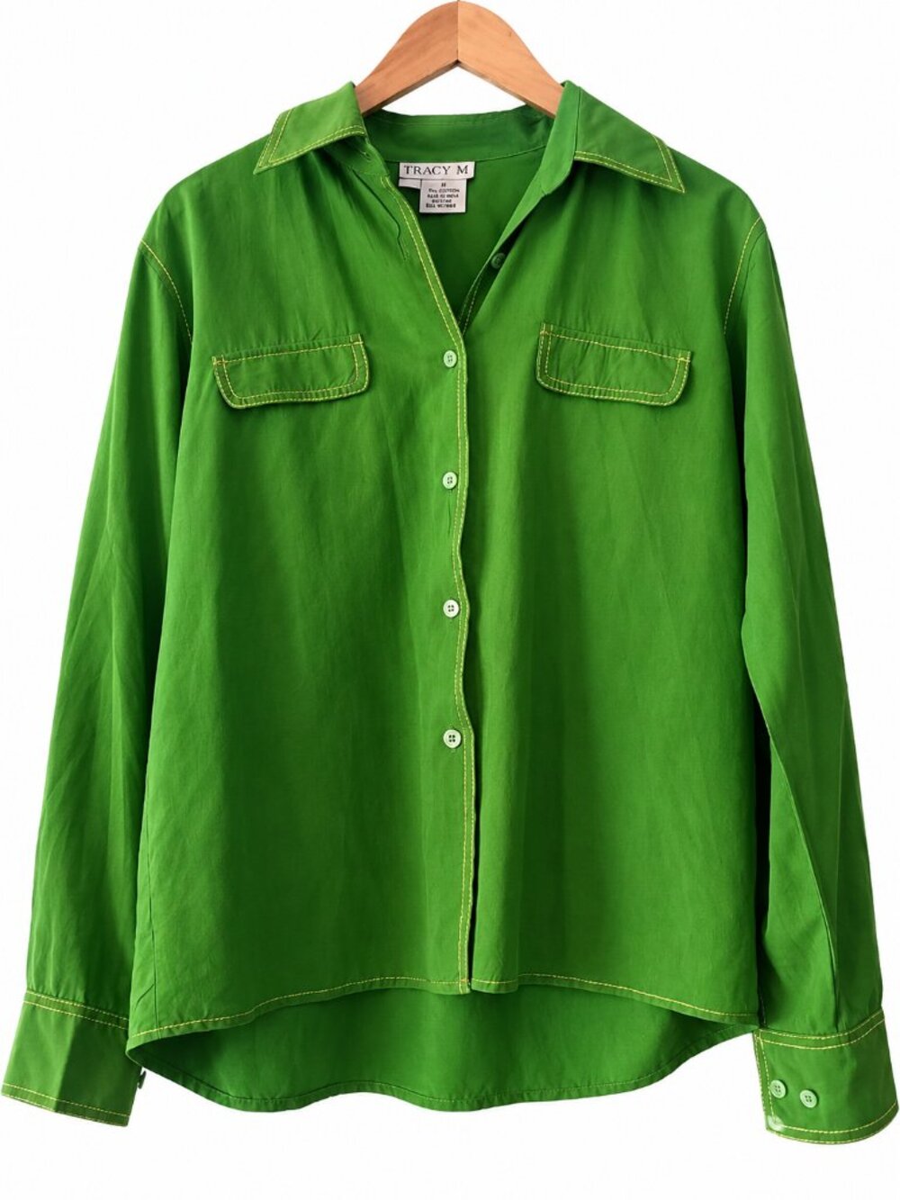 Tracy M Green 100% Silk Button Front Long Sleeve Blouse Contrast Stitching M